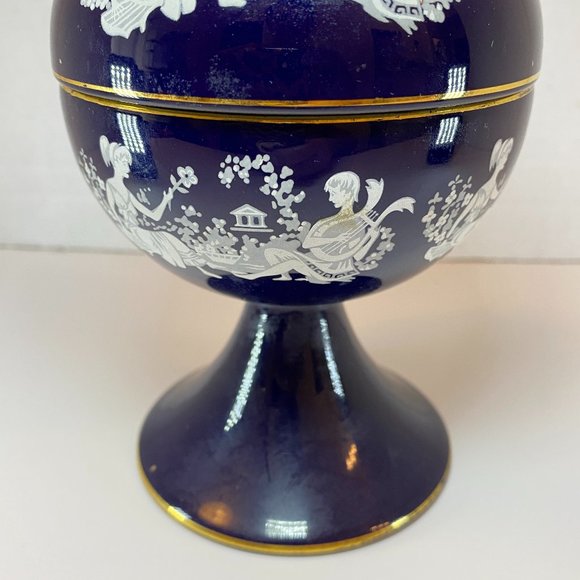 Vintage Italy Florentine Cobalt Blue Ceramic Compote Lidded Dish Greek Couple - Picture 6 of 11